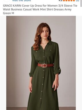 Grace Karin Olive Green Long Sleeve Button-Front Maxi Shirt Dress